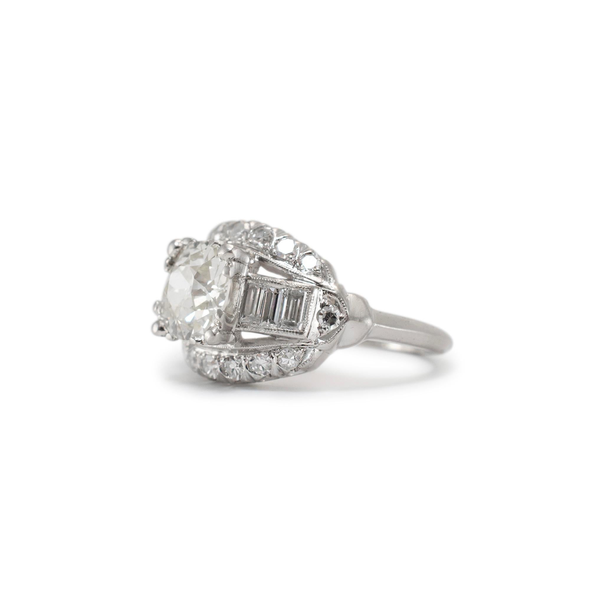 Antique Platinum Gia Old European Cut Accented Baguette Diamond Engagement Ring In Excellent Condition For Sale In Houston, TX