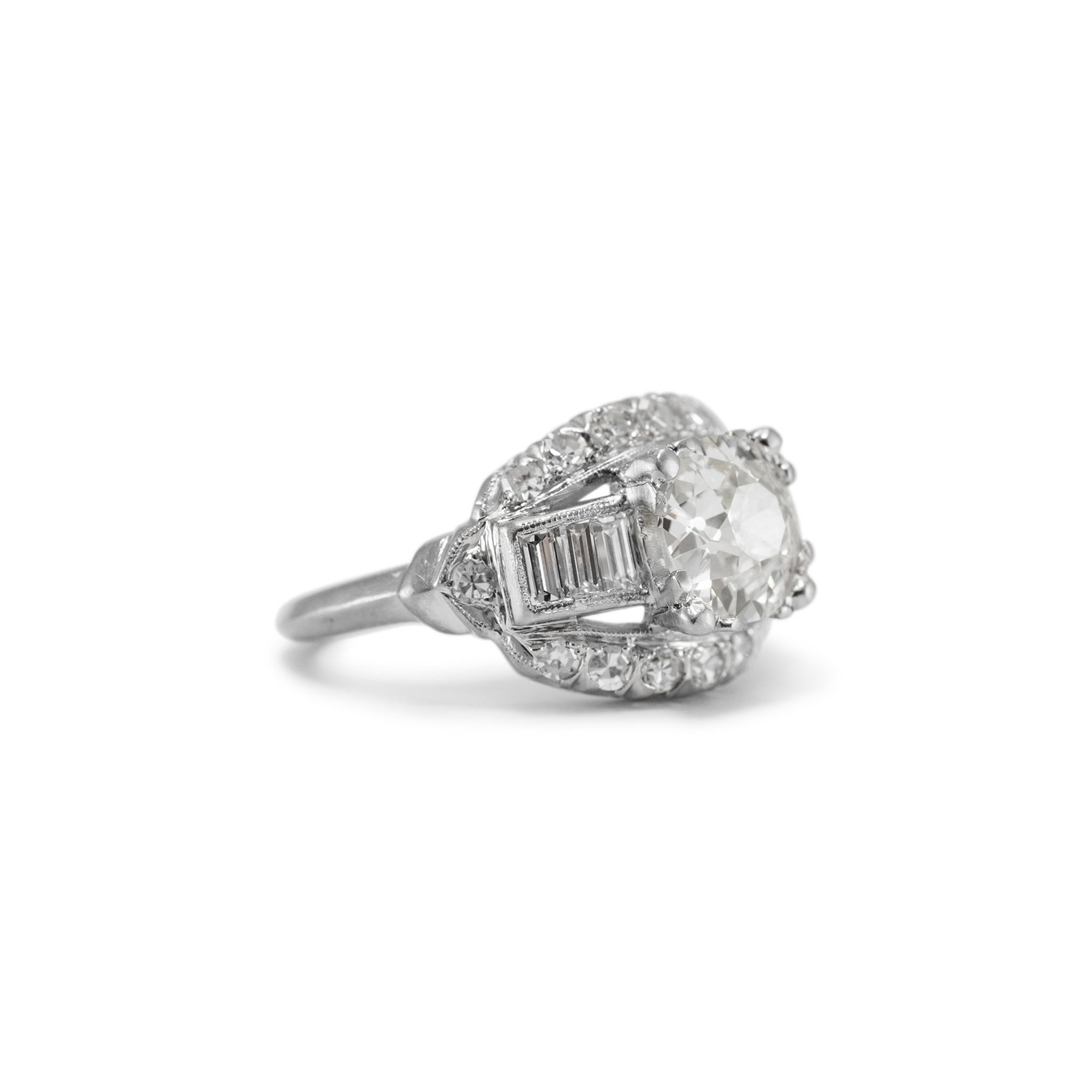 Women's Antique Platinum Gia Old European Cut Accented Baguette Diamond Engagement Ring For Sale