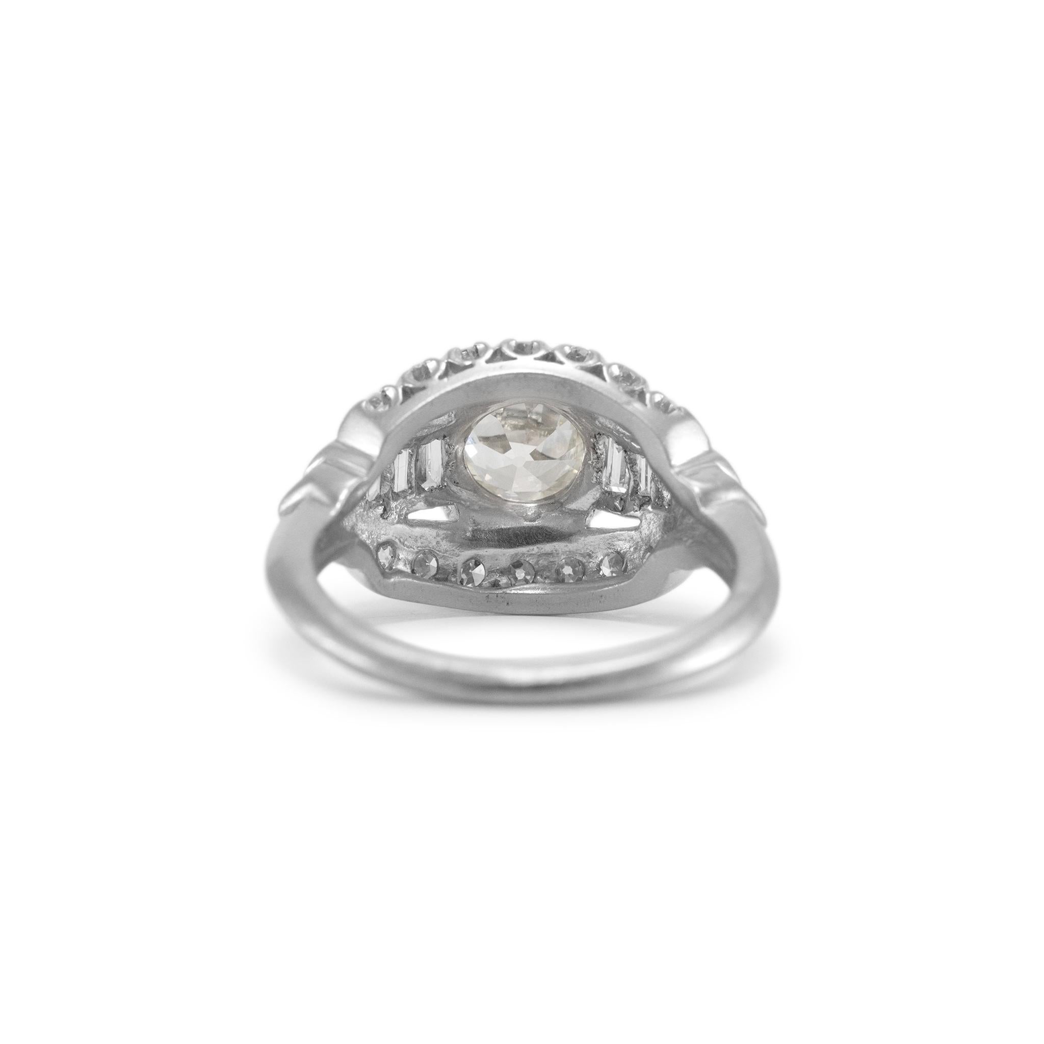 Antique Platinum Gia Old European Cut Accented Baguette Diamond Engagement Ring For Sale 1