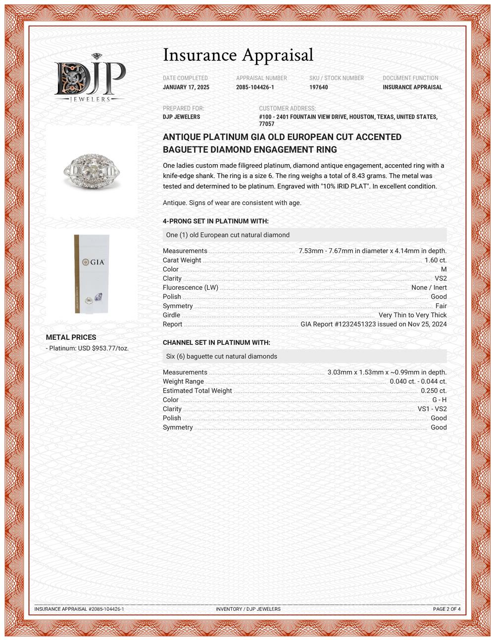 Antique Platinum Gia Old European Cut Accented Baguette Diamond Engagement Ring For Sale 5