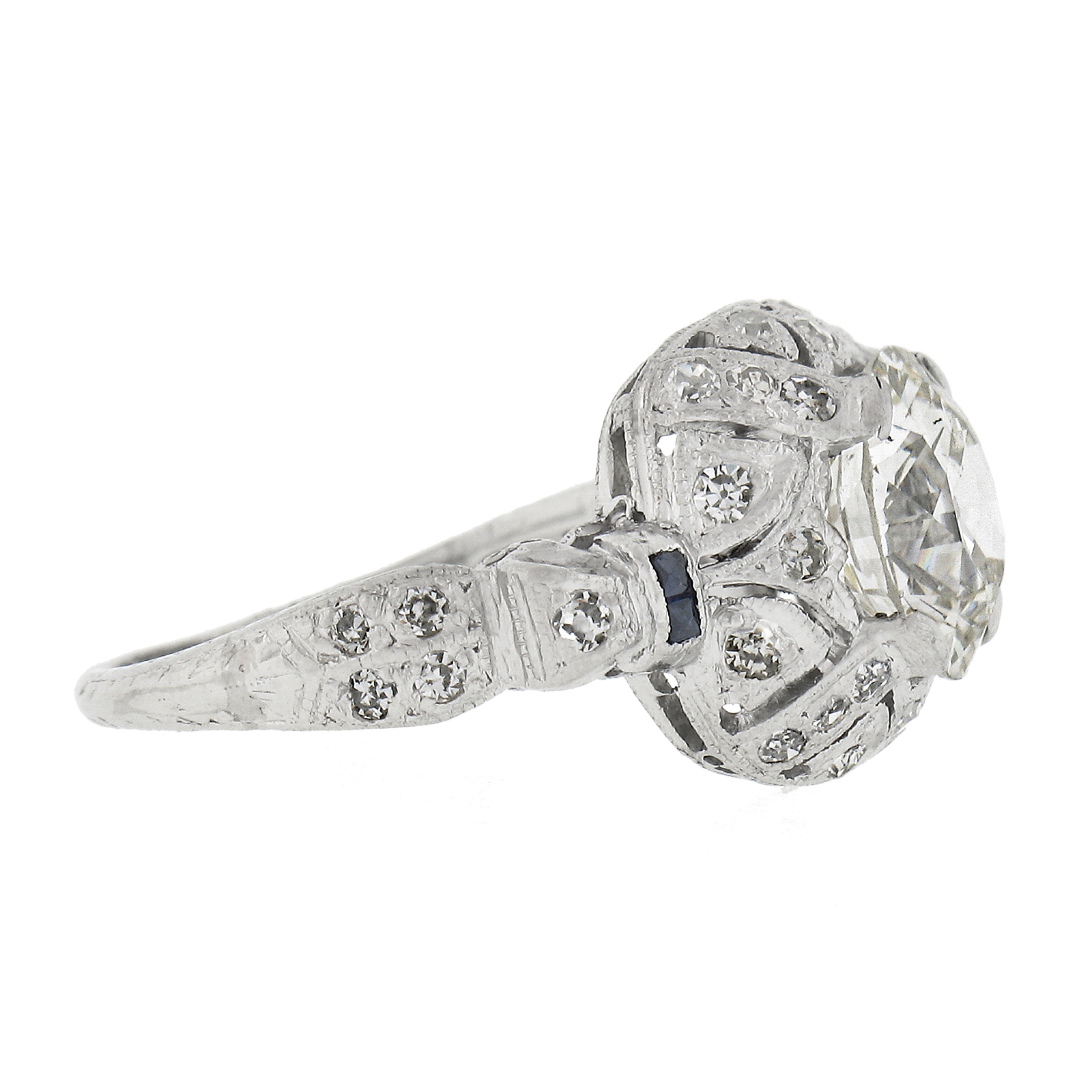 Antique Platinum GIA Old European Cut Diamond Puffed Cushion Engagement Ring In Good Condition In Montclair, NJ