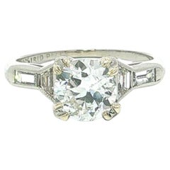 Antique Platinum GIA Old Round Trapezoid Baguette 1.36ct Diamond Engagement Ring