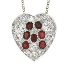 Antique Platinum GIA Pave Ruby & Diamond Large Heart Pendant & 14k Gold Chain