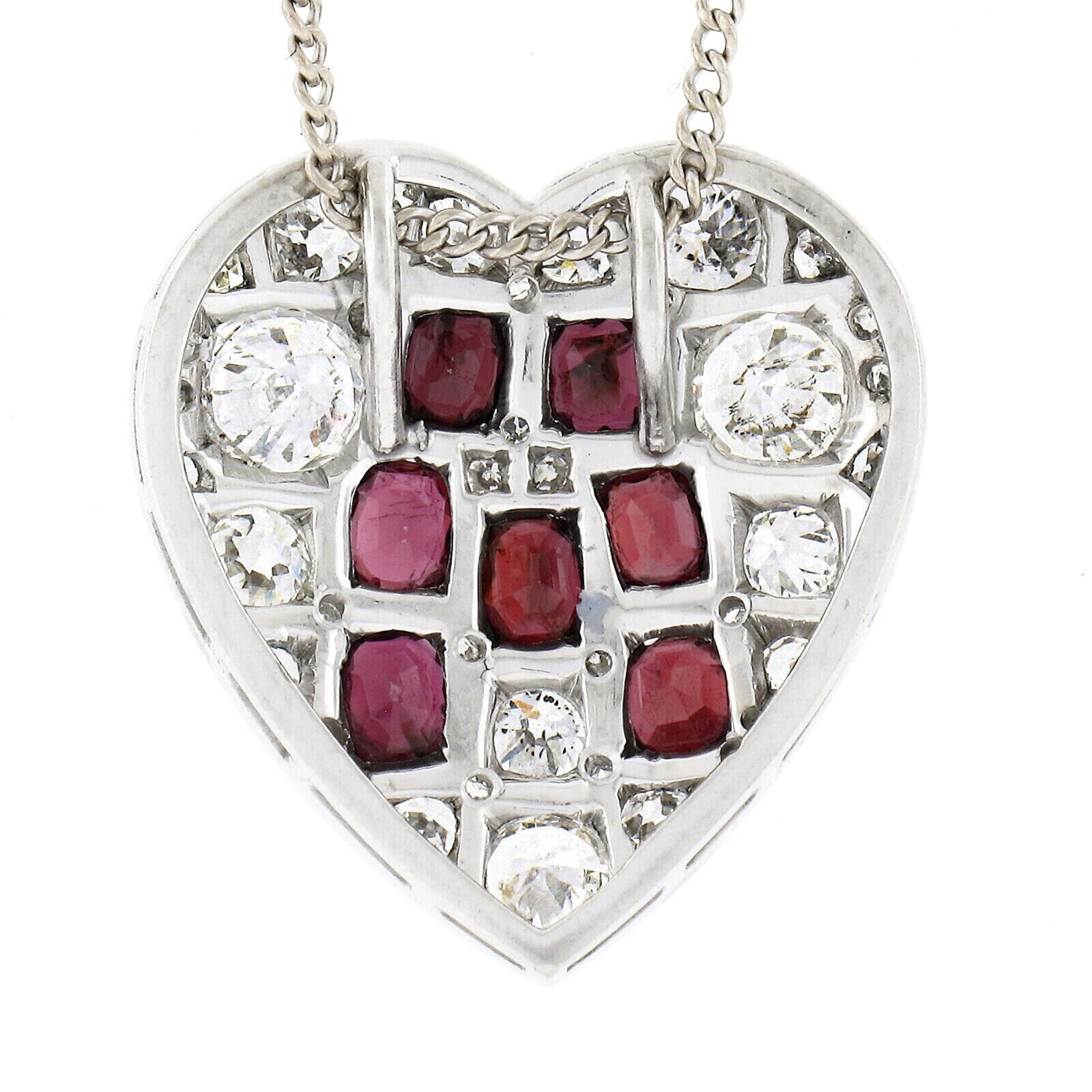 Antique Platinum GIA Pave Ruby & Diamond Large Heart Pendant & 14k Gold Chain In Good Condition In Montclair, NJ