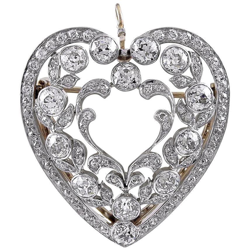 Antique Platinum Gold and Diamond Heart Pendant or Pin