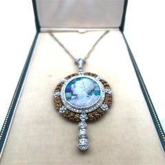 Antique Platinum Gold Boulder Opal Cameo Pendant Necklace