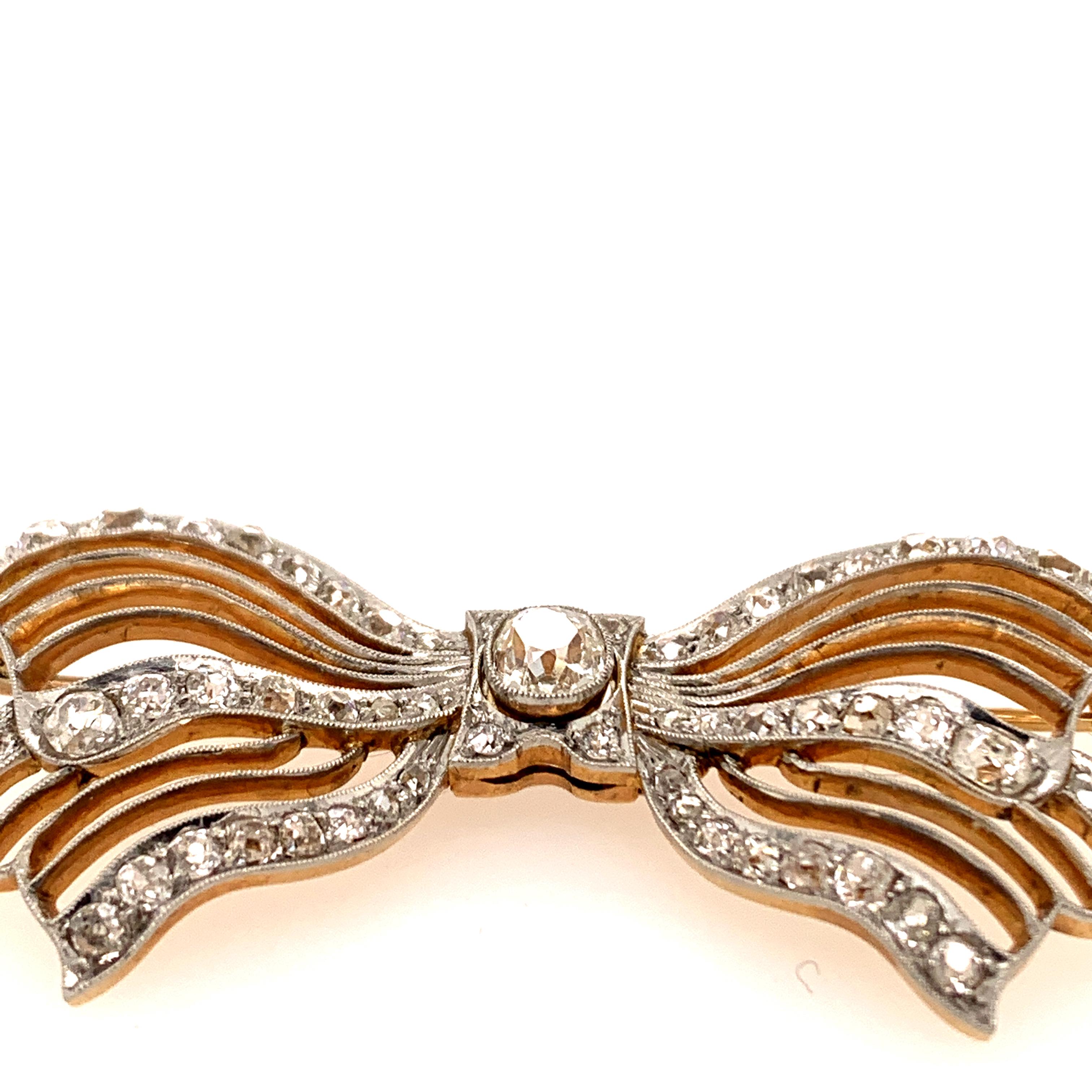 Women's or Men's Antique Platinum, Gold and Diamond Bow Pin