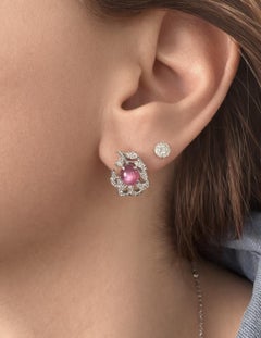 Antique Platinum & Gold GIA Pink Star Sapphire w/ Diamond Leaf Motif Earrings