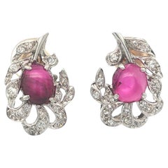 Antique Platinum & Gold GIA Pink Star Sapphire w/ Diamond Leaf Motif Earrings