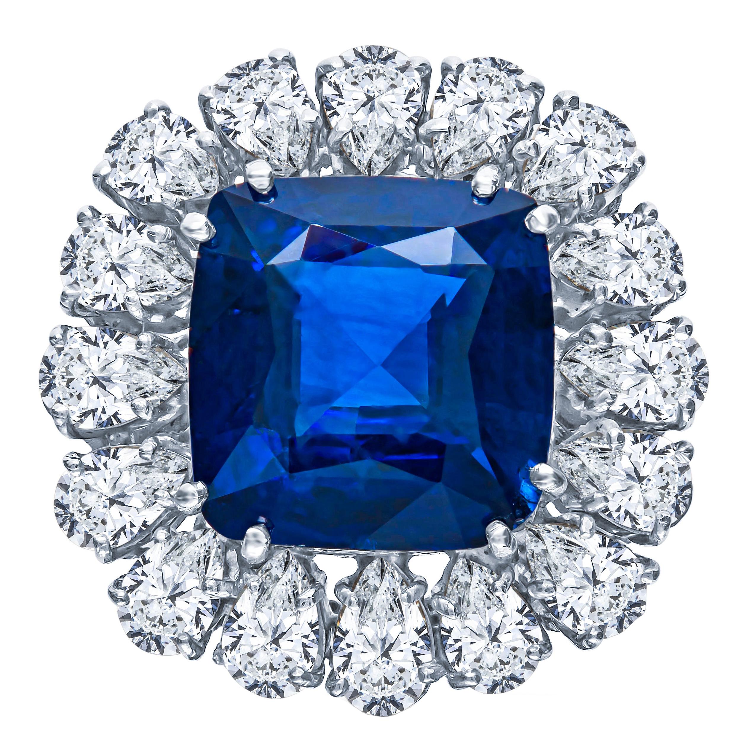 Antique Platinum GRS Certified 14.13 Carat Vivid Blue Sapphire and Diamond Ring For Sale