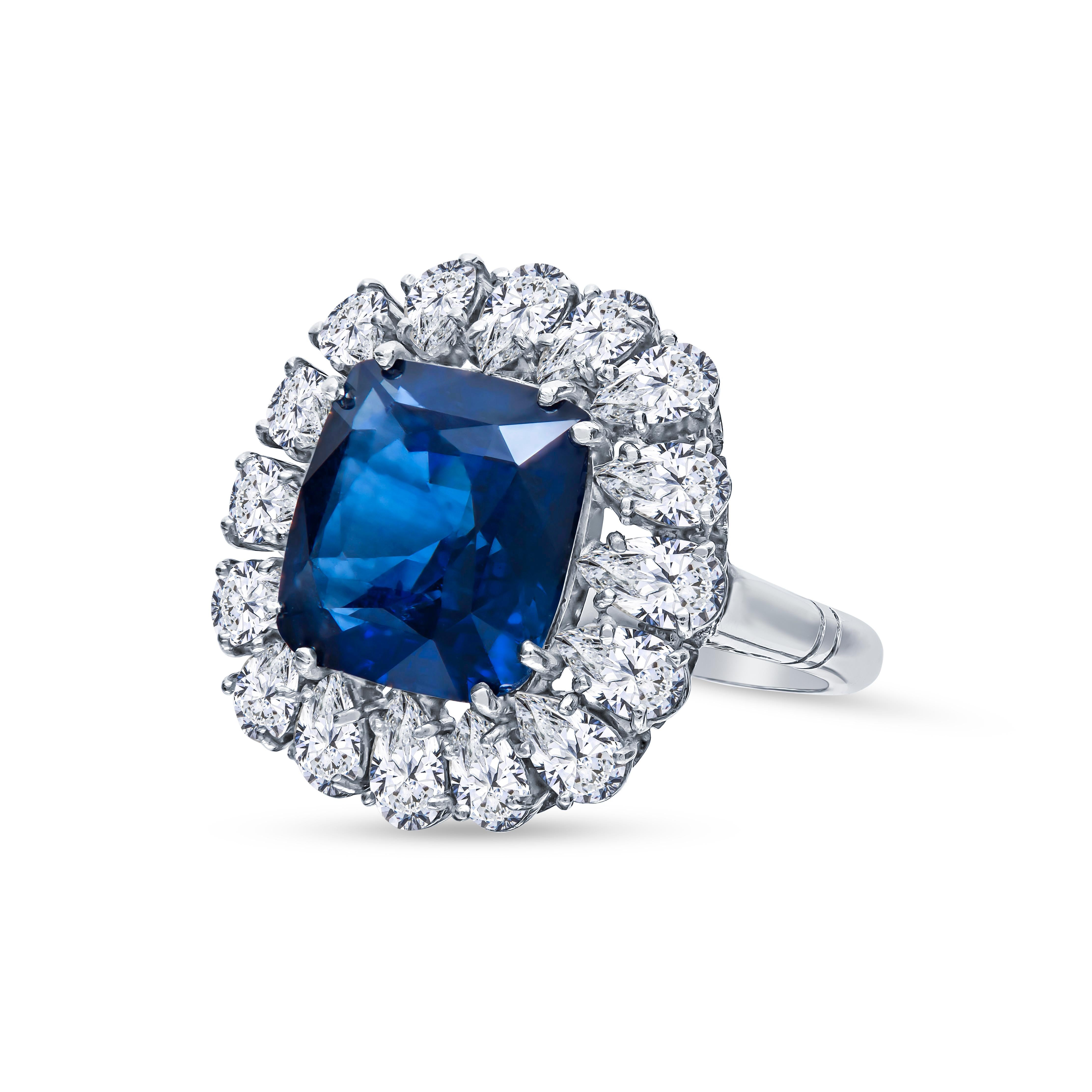 Art Deco Antique Platinum GRS Certified 14.13 Carat Vivid Blue Sapphire and Diamond Ring For Sale