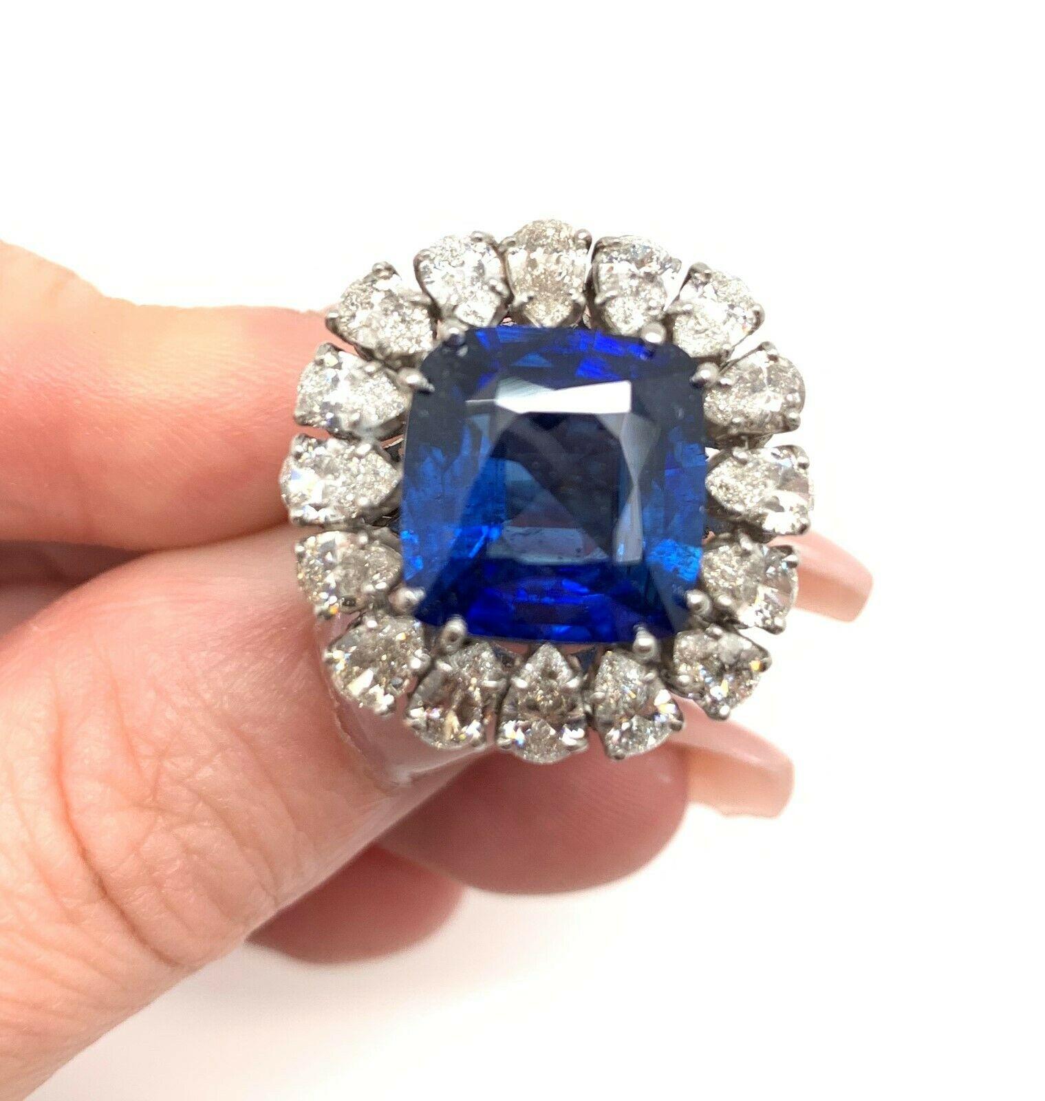 Antique Platinum GRS Certified 14.13 Carat Vivid Blue Sapphire and Diamond Ring In Excellent Condition For Sale In Houston, TX