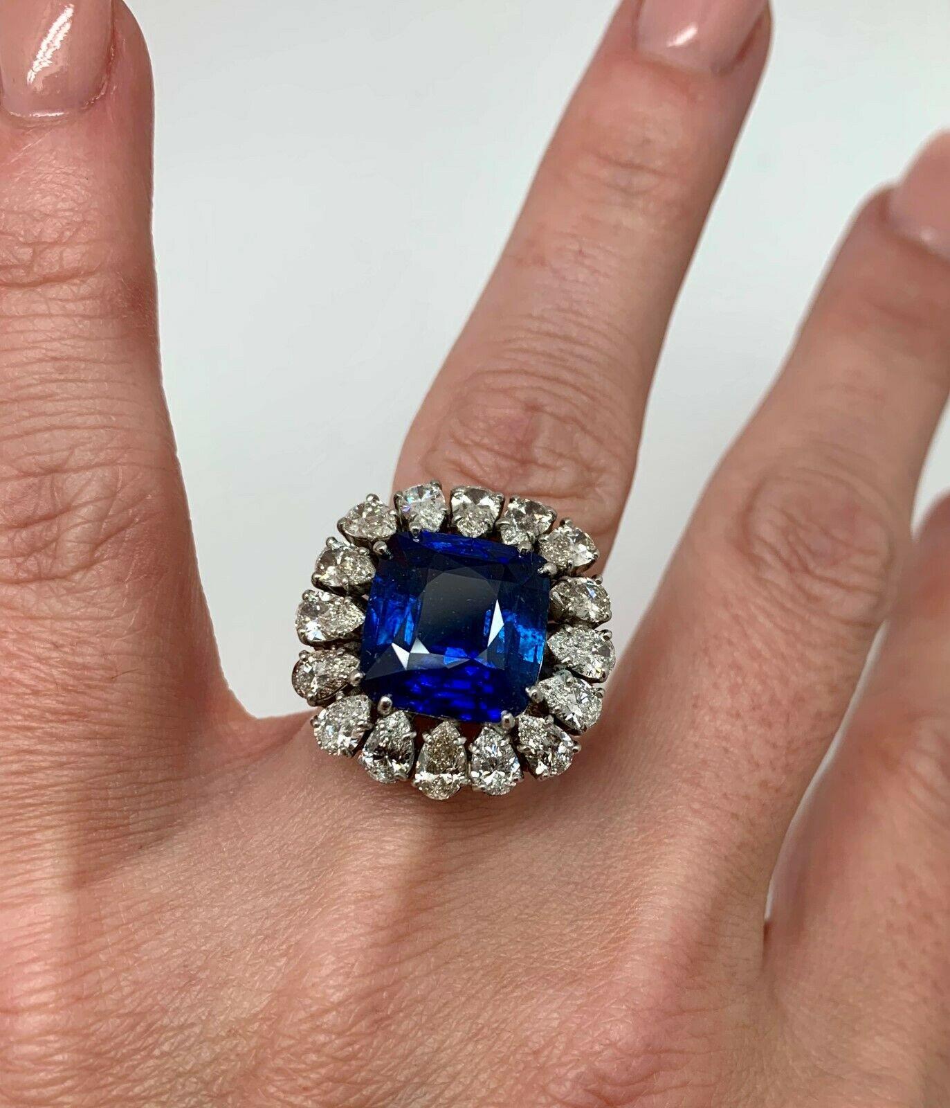 Women's or Men's Antique Platinum GRS Certified 14.13 Carat Vivid Blue Sapphire and Diamond Ring For Sale