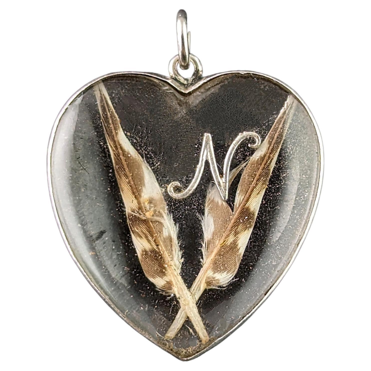 Antique Platinum heart locket, initial N, pendant 