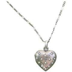 Vintage Platinum Heart Locket with Pearl Accents