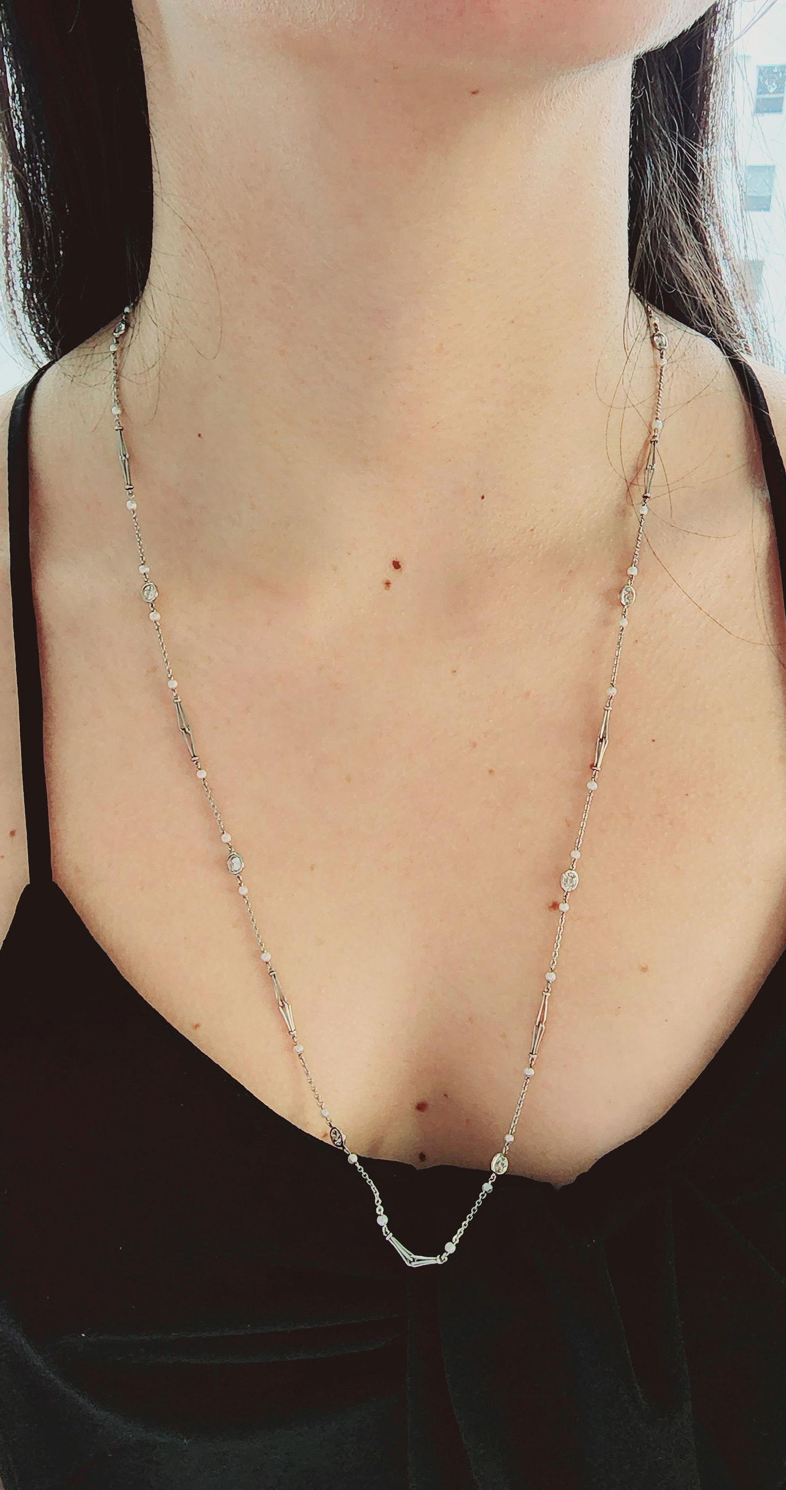 Old Mine Cut Antique Platinum Long chain with 1.75 Cts Diamonds & Pearls For Sale