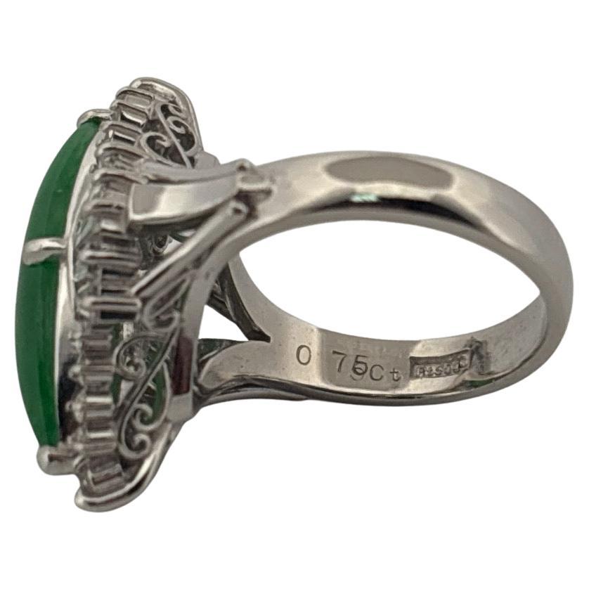 Antique Platinum Long Green Jade & 0.75 Carat Round & Baguette Diamond Ring For Sale 4