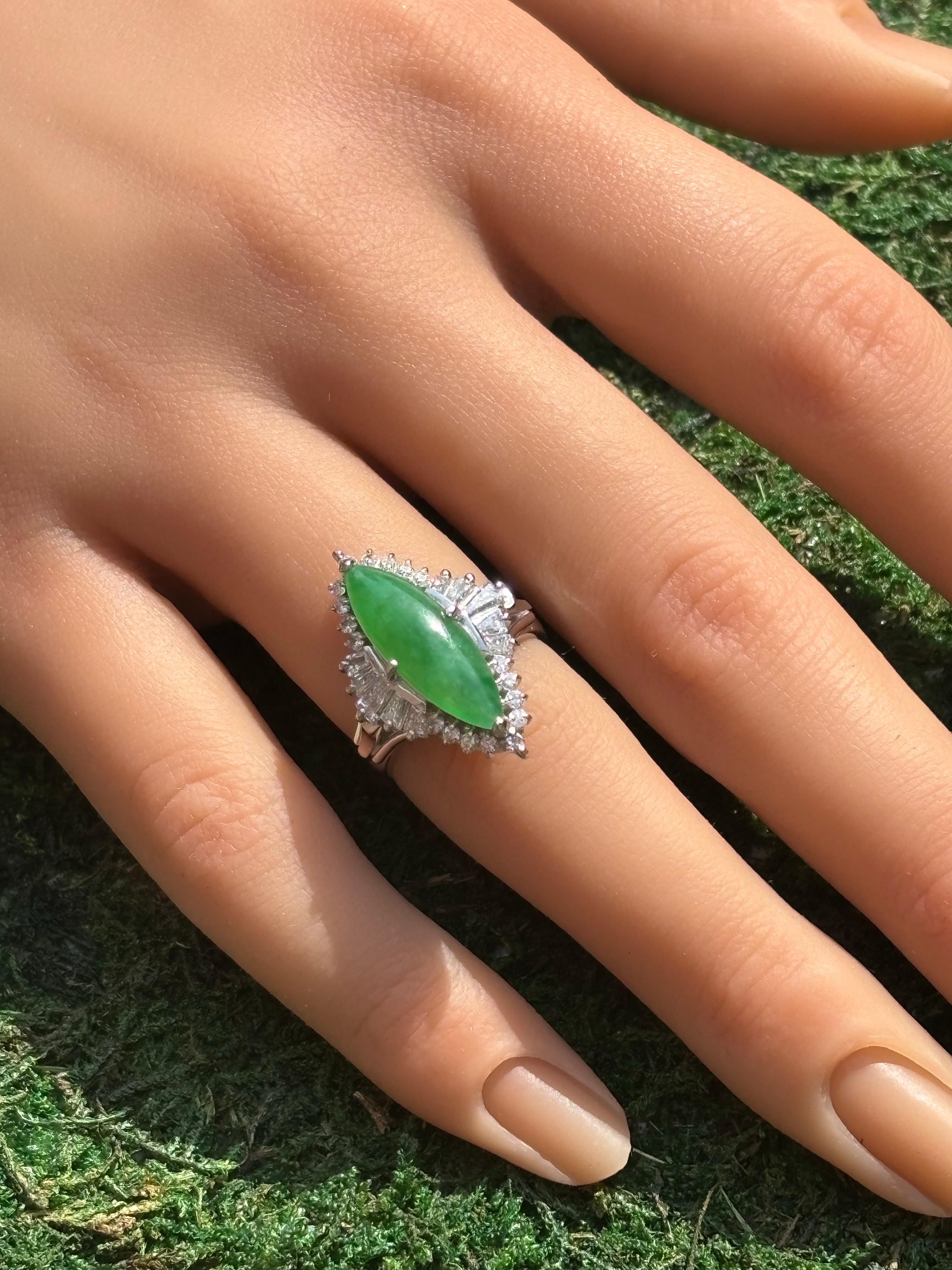 Antique Platinum Long Green Jade & 0.75 Carat Round & Baguette Diamond Ring For Sale 5