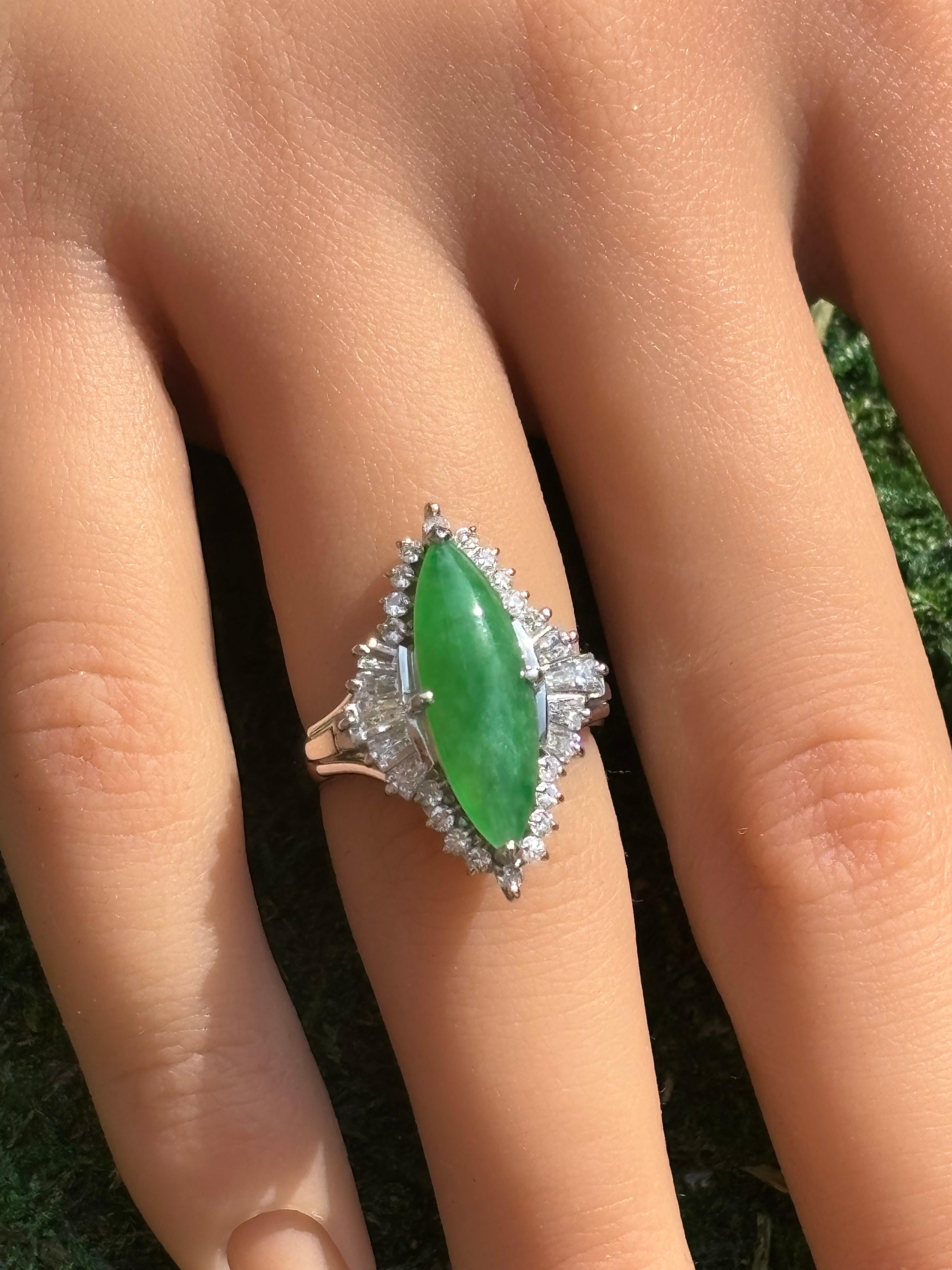 Antique Platinum Long Green Jade & 0.75 Carat Round & Baguette Diamond Ring For Sale 6
