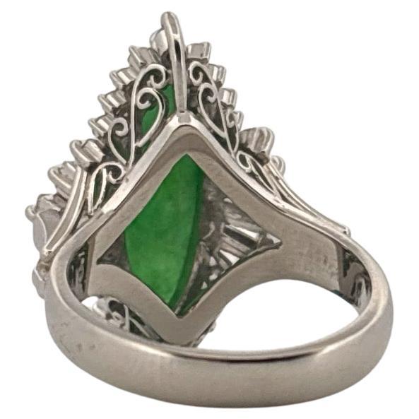 Retro Antique Platinum Long Green Jade & 0.75 Carat Round & Baguette Diamond Ring For Sale