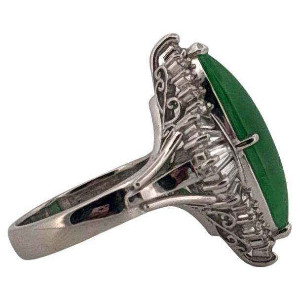 Round Cut Antique Platinum Long Green Jade & 0.75 Carat Round & Baguette Diamond Ring For Sale