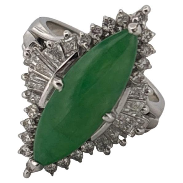 Women's Antique Platinum Long Green Jade & 0.75 Carat Round & Baguette Diamond Ring For Sale