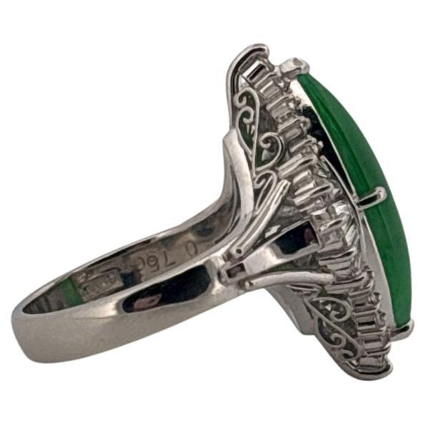 Antique Platinum Long Green Jade & 0.75 Carat Round & Baguette Diamond Ring For Sale 1
