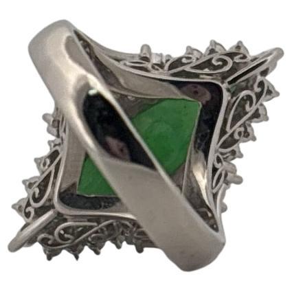 Antique Platinum Long Green Jade & 0.75 Carat Round & Baguette Diamond Ring For Sale 2