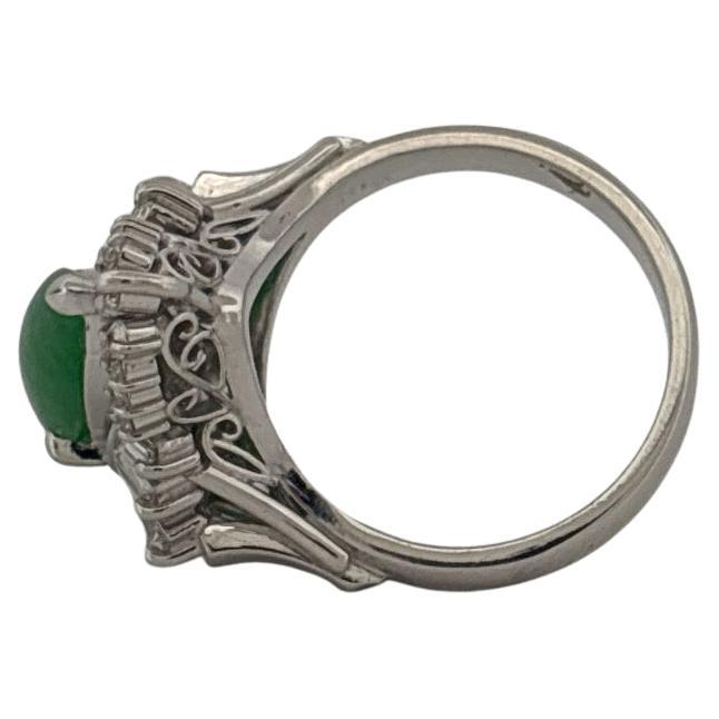 Antique Platinum Long Green Jade & 0.75 Carat Round & Baguette Diamond Ring For Sale 3