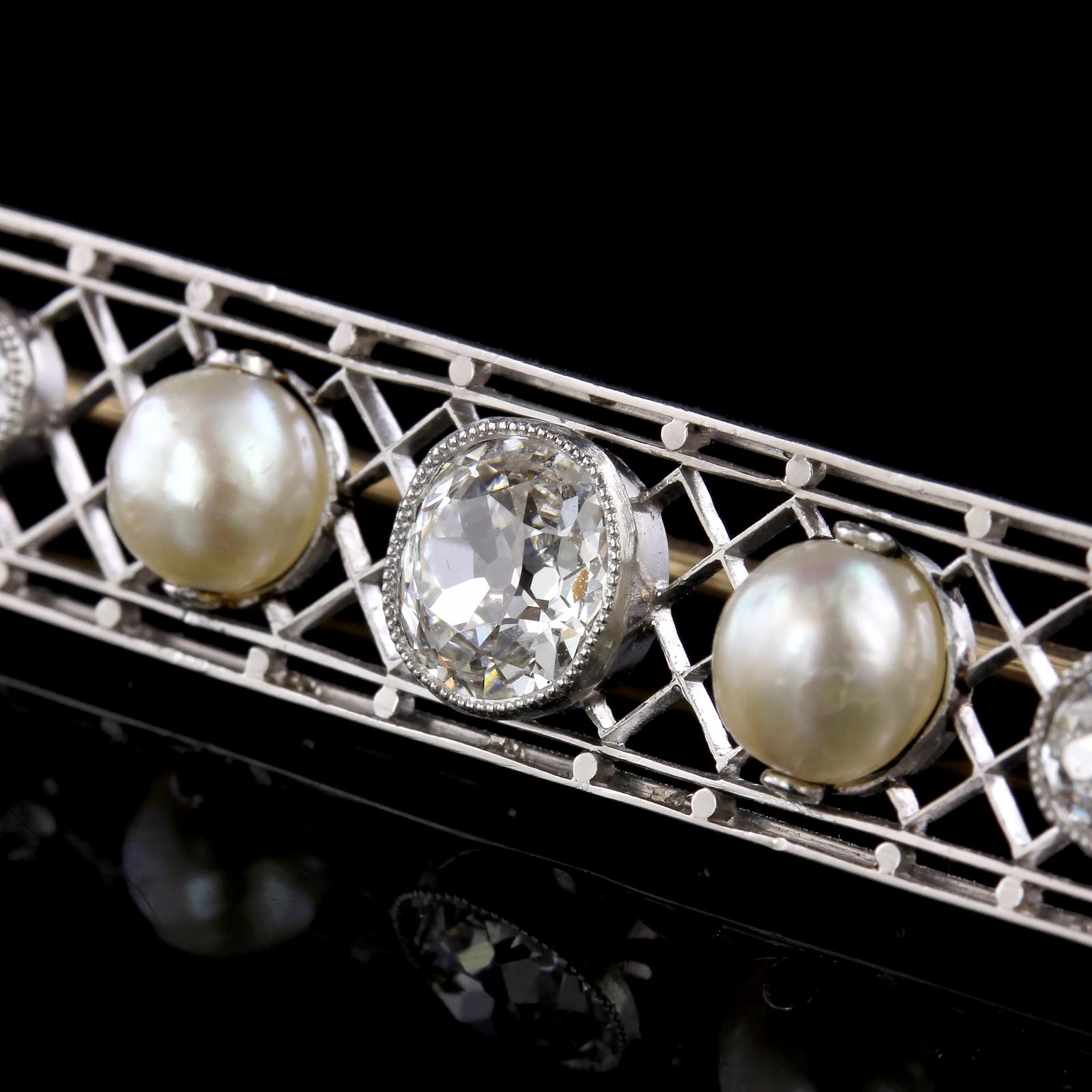 Old Mine Cut Antique Platinum Natural Pearl and Diamond Pin For Sale