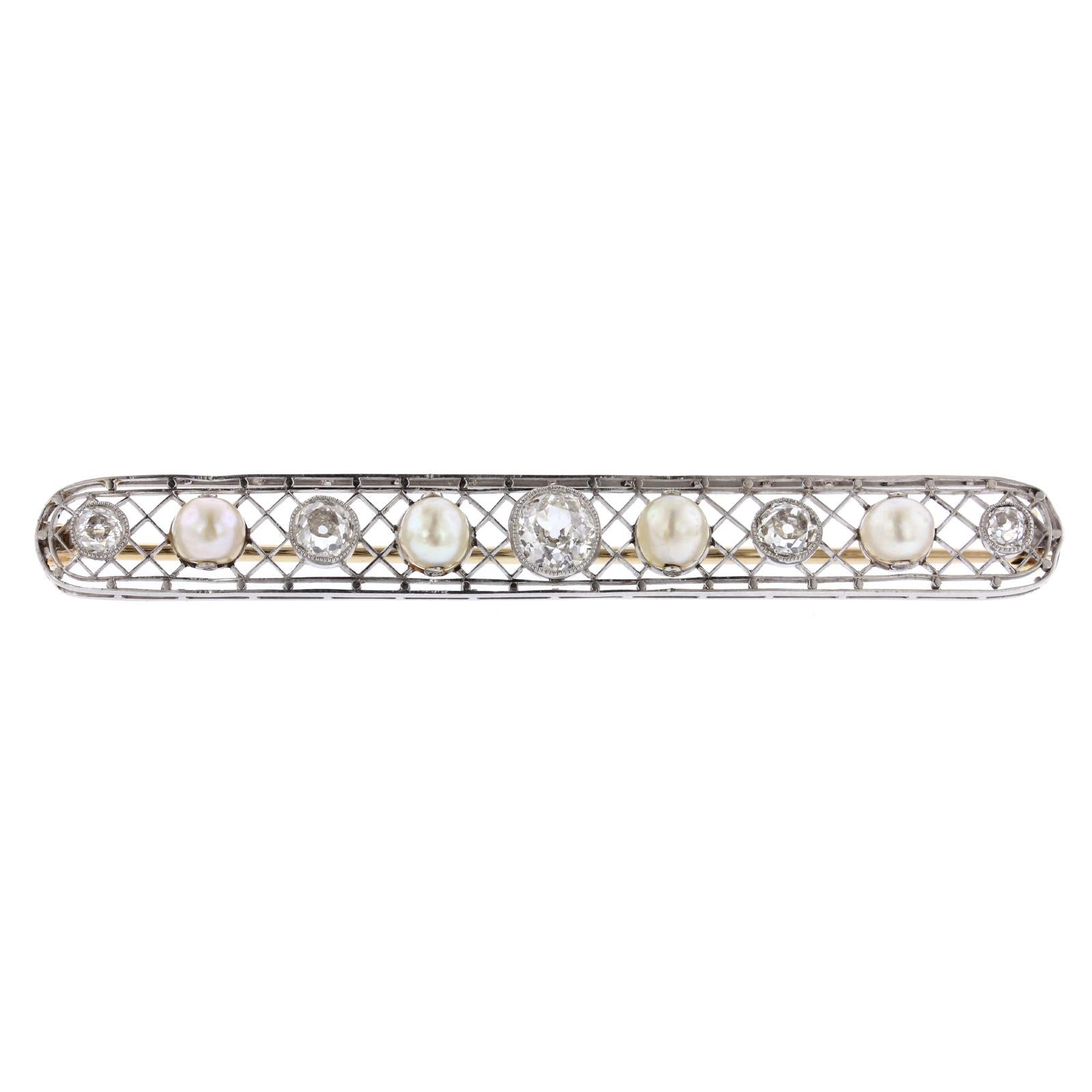 Antique Platinum Natural Pearl and Diamond Pin For Sale