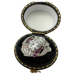 Antique Platinum OEC Diamond Ruby Engagement/Cocktail Ring