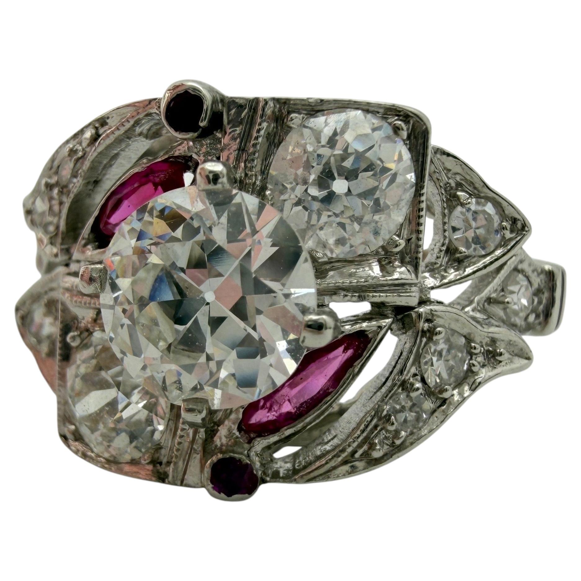 Antique Platinum OEC Diamond Ruby Engagement/Cocktail Ring
