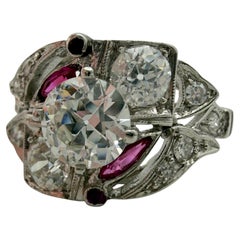 Antique Platinum OEC Diamond Ruby Engagement/Cocktail Ring