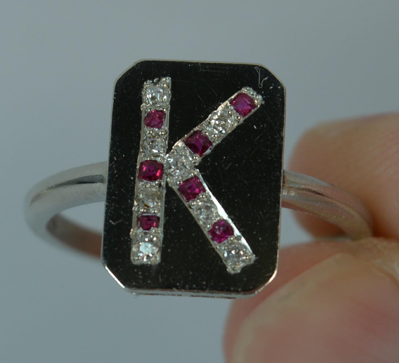Antique Platinum Old Cut Ruby and Diamond K Initial Signet Panel Ring In Excellent Condition In St Helens, GB