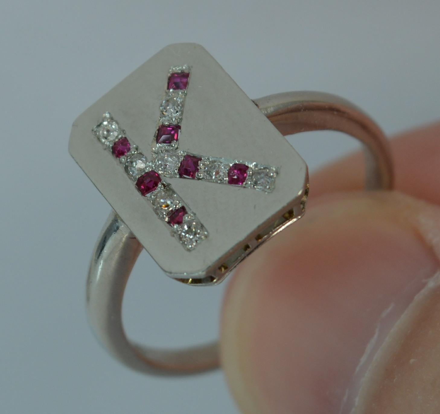 Women's Antique Platinum Old Cut Ruby and Diamond K Initial Signet Panel Ring