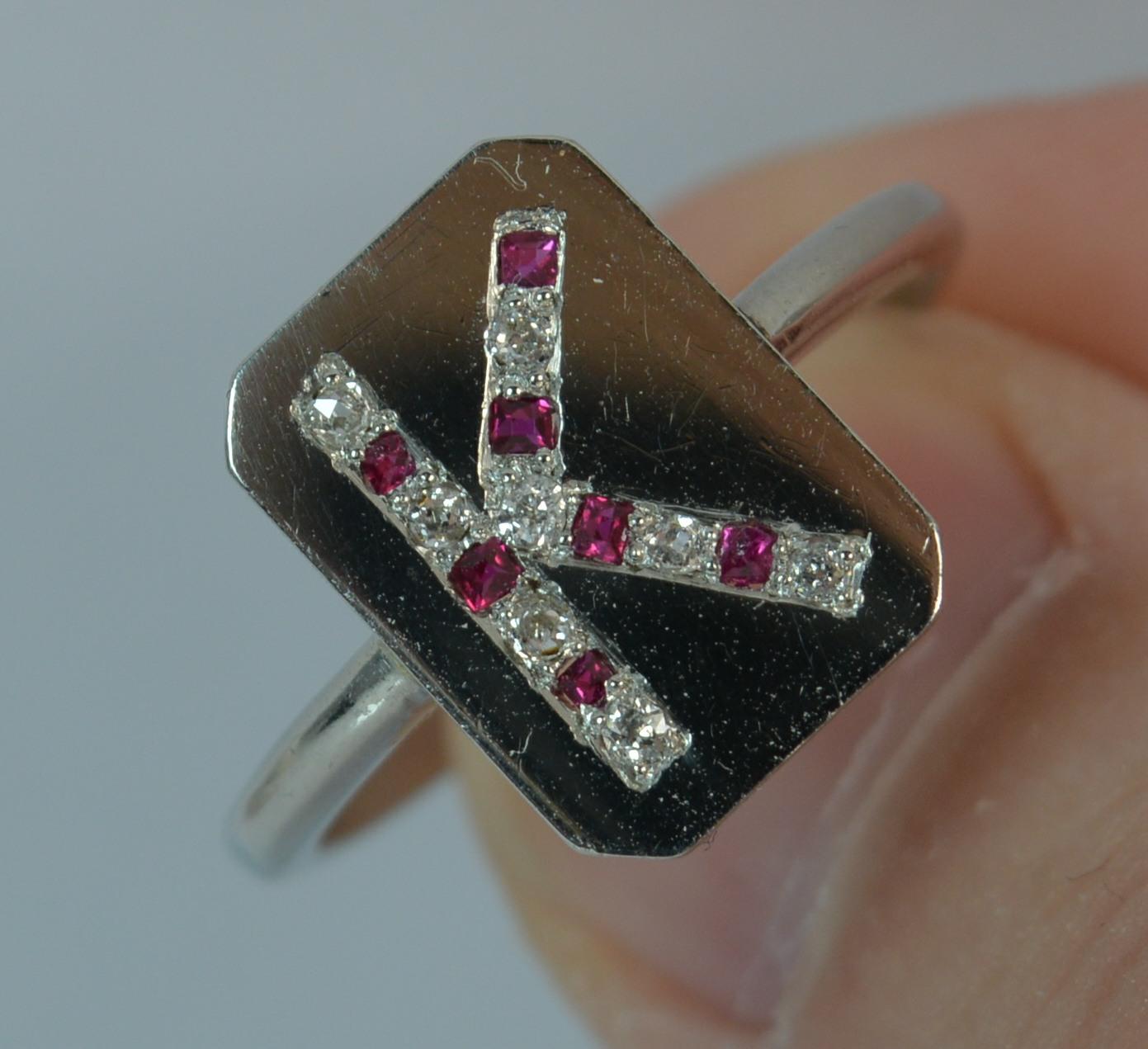 Antique Platinum Old Cut Ruby and Diamond K Initial Signet Panel Ring 1