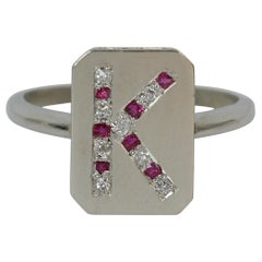 Antique Platinum Old Cut Ruby and Diamond K Initial Signet Panel Ring