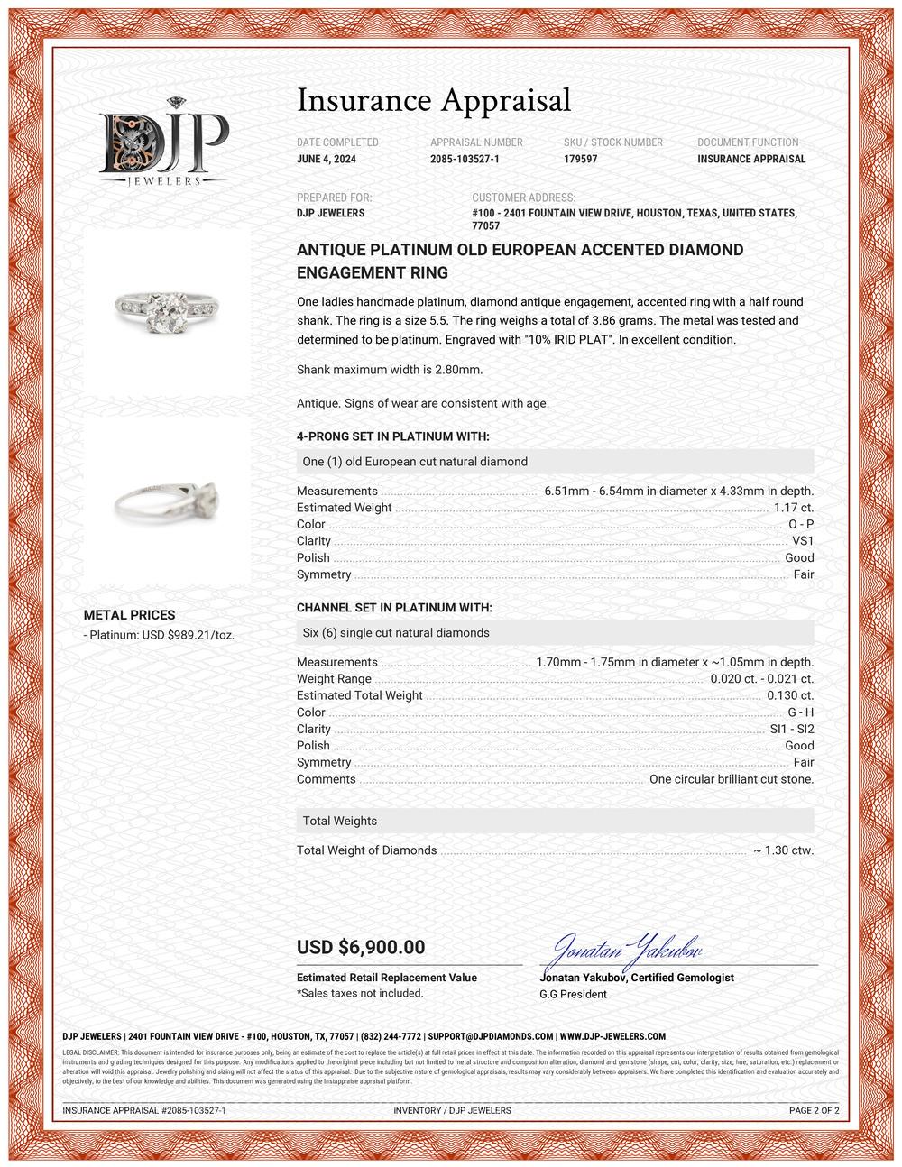 Antique Platinum Old European Accented Diamond Engagement Ring For Sale 3