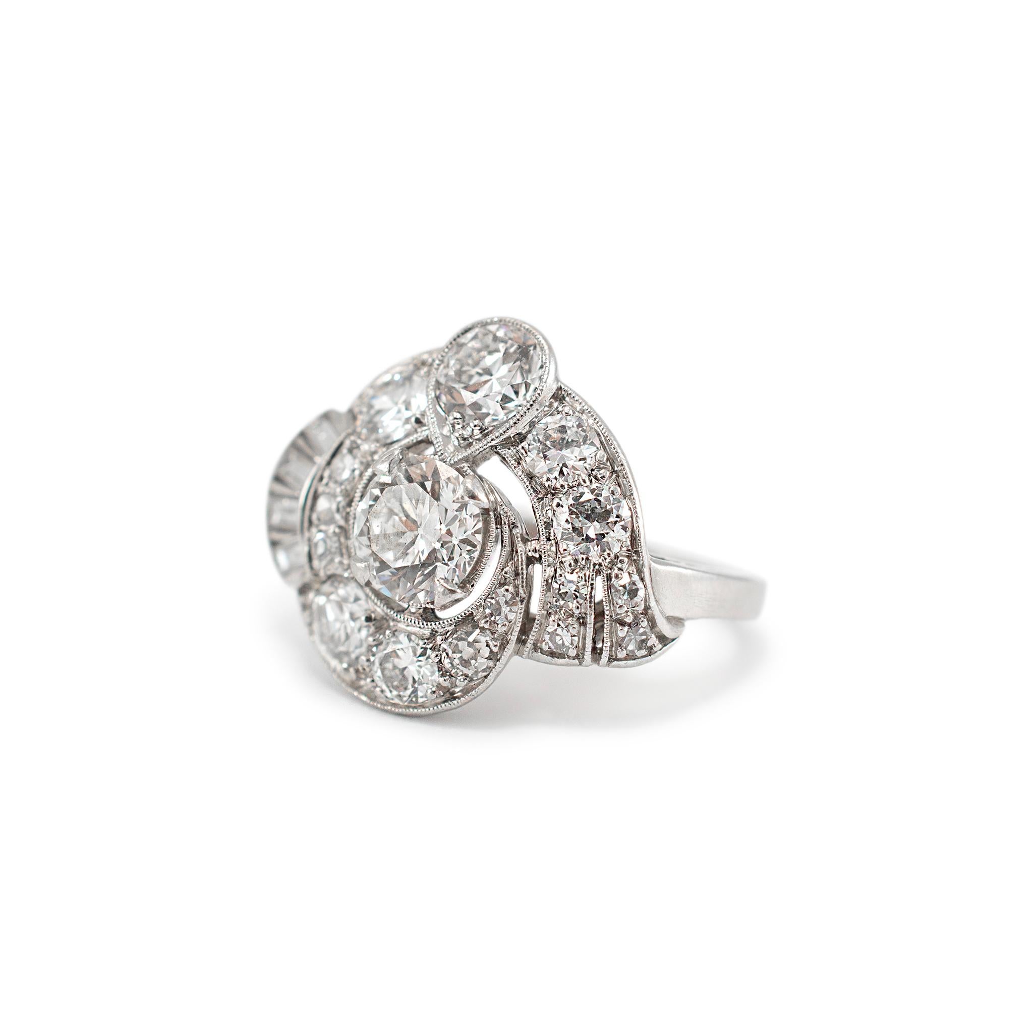 Brilliant Cut Traub Antique Platinum Old European & Baguette Cut Diamond Cocktail Ring