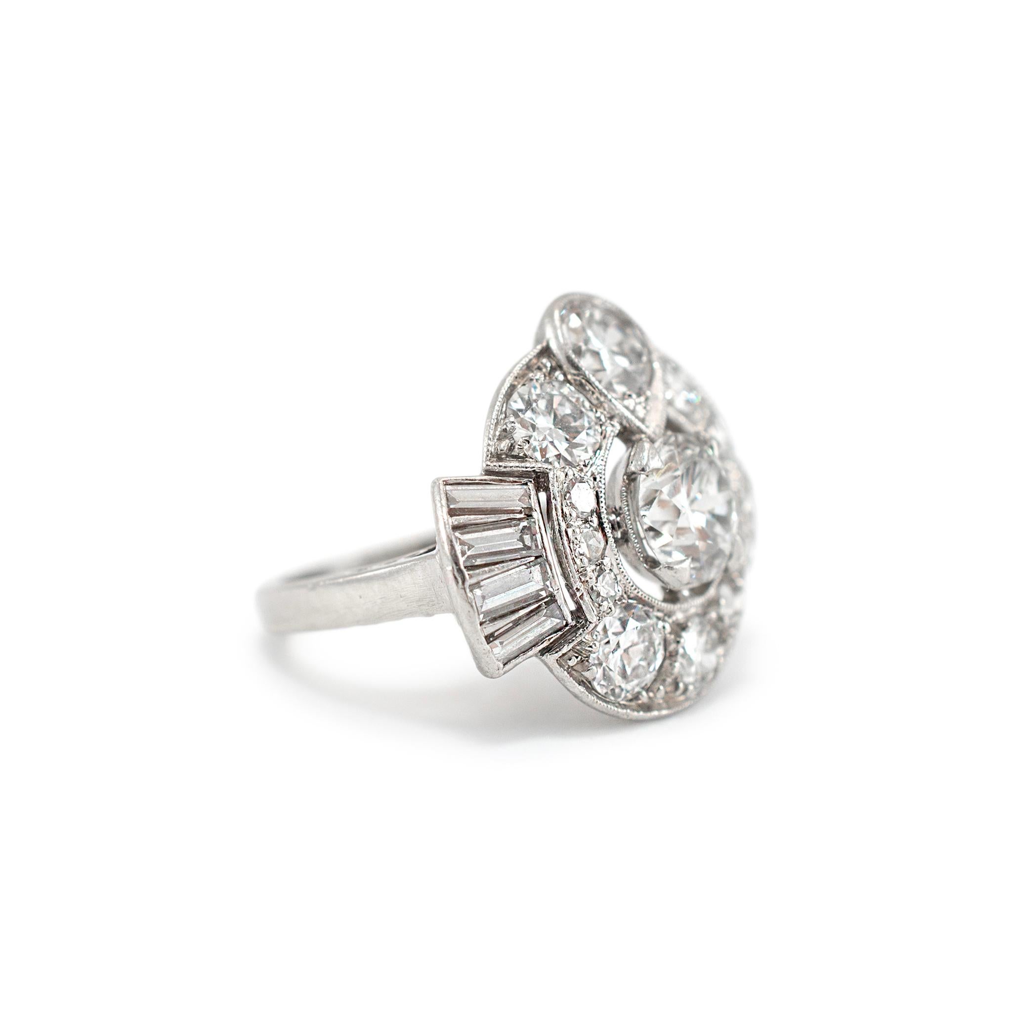 Traub Antique Platinum Old European & Baguette Cut Diamond Cocktail Ring In Excellent Condition In Houston, TX