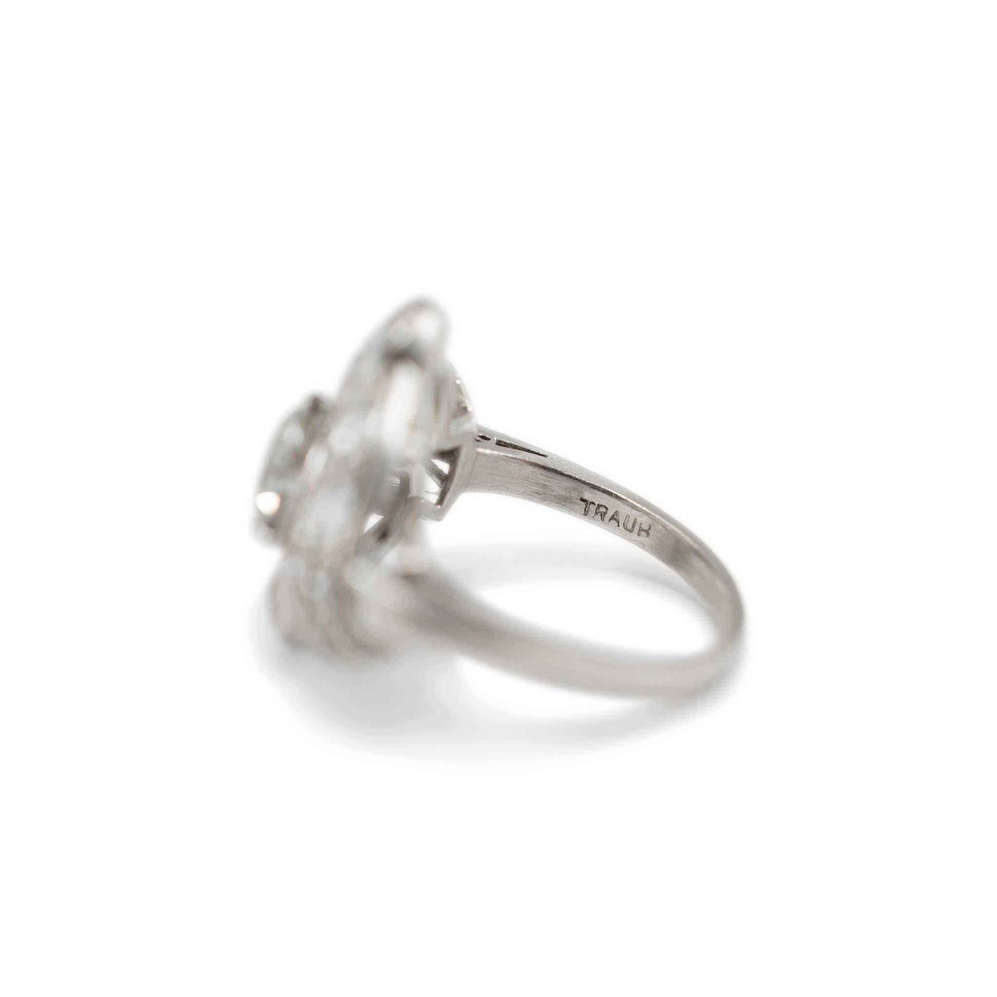 Traub Antique Platinum Old European & Baguette Cut Diamond Cocktail Ring 1