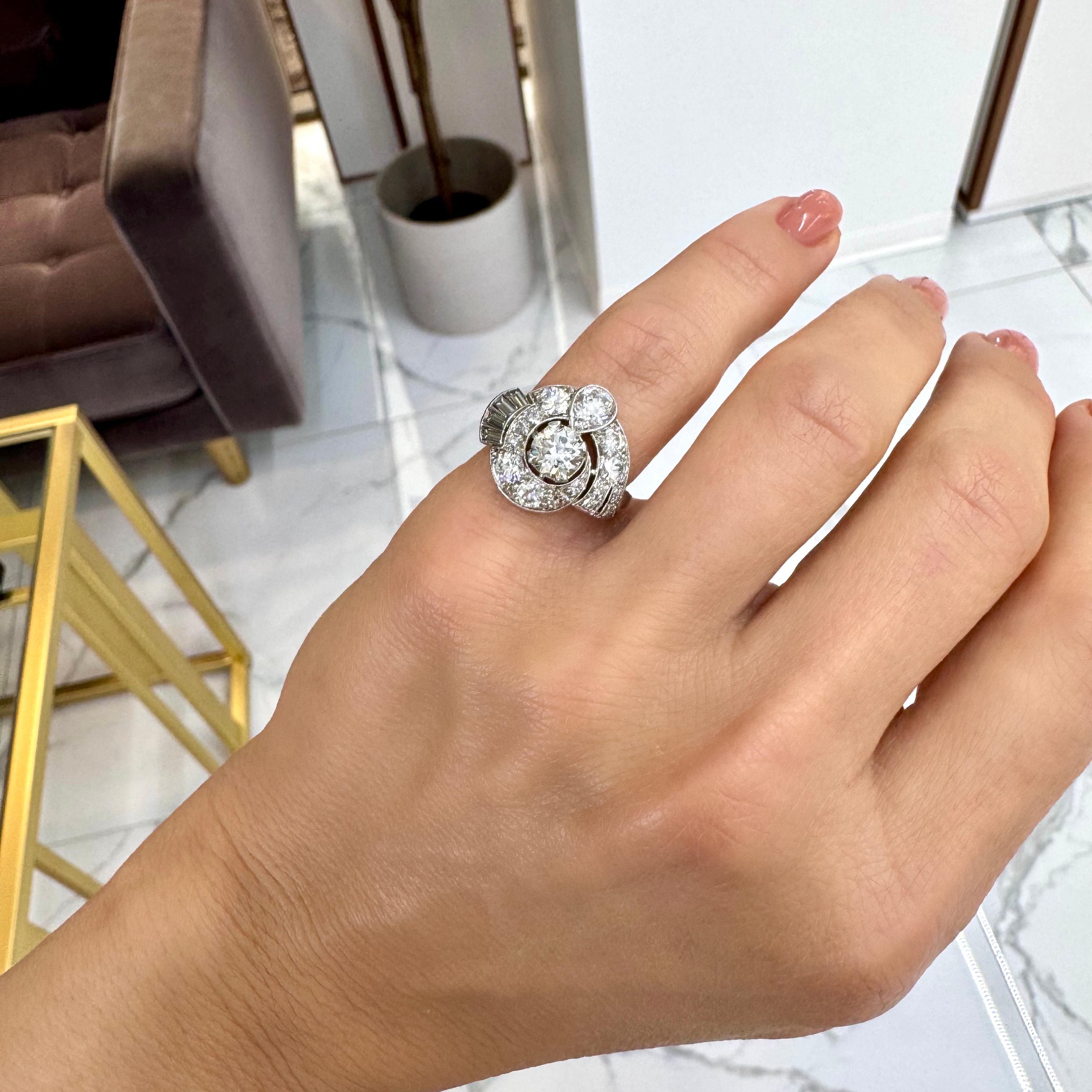 Traub Antique Platinum Old European & Baguette Cut Diamond Cocktail Ring 3