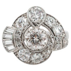 Traub Antique Platinum Old European & Baguette Cut Diamond Cocktail Ring