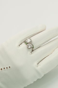 Antique Platinum Old European Cut Diamond & Demantoid Garnet Toi et Moi Ring