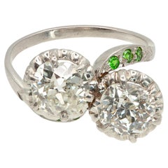 Antique Platinum Old European Cut Diamond & Demantoid Garnet Toi et Moi Ring