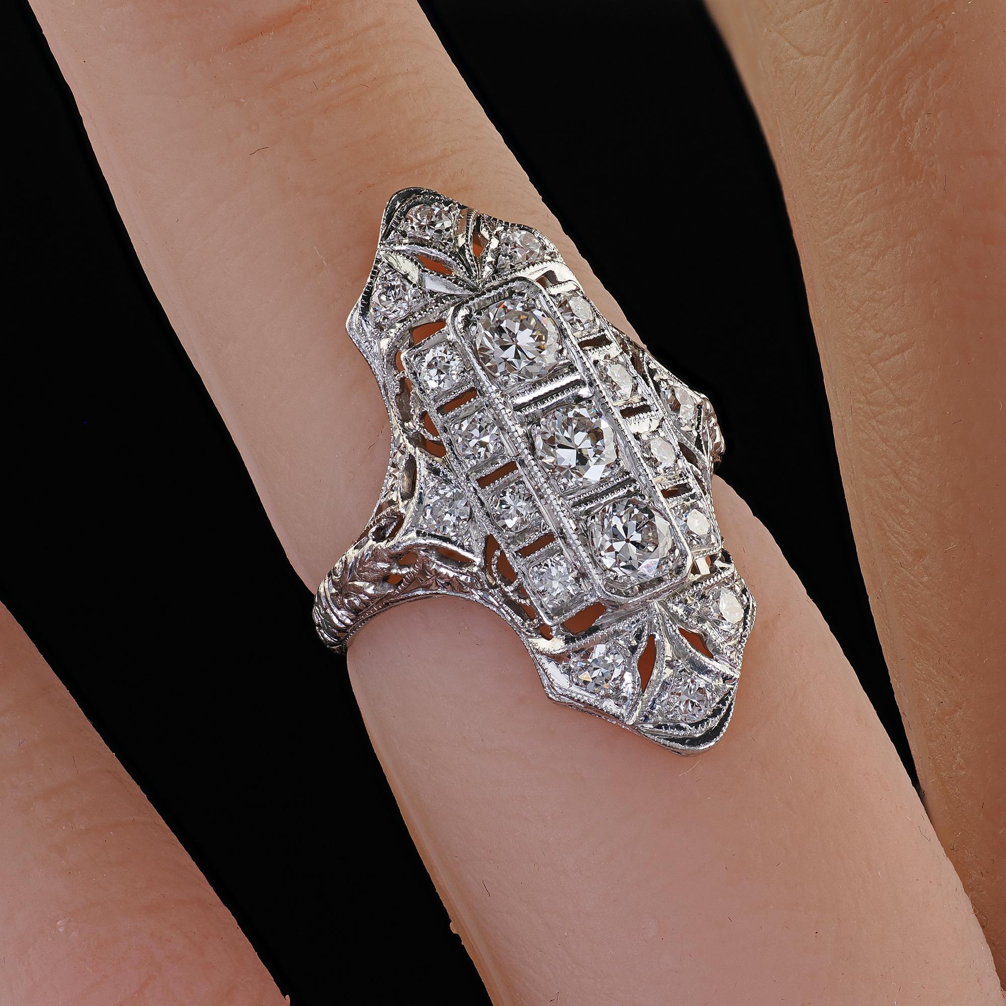 Antique Platinum Old European Cut Diamond Filigree Cocktail Shield Ring For Sale 5