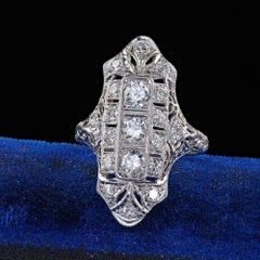 Antique Platinum Old European Cut Diamond Filigree Cocktail Shield Ring