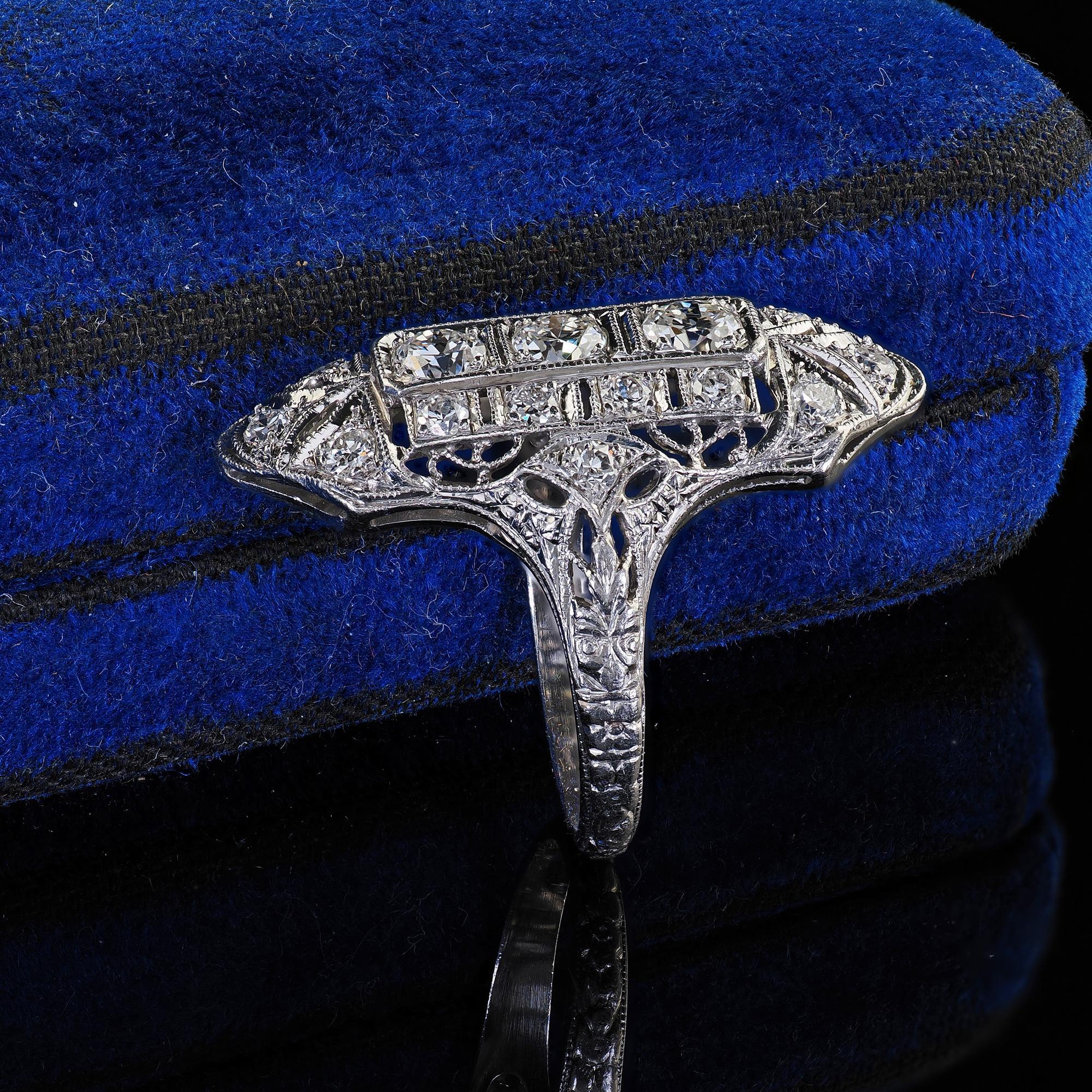Art Deco Antique Platinum Old European Cut Diamond Filigree Cocktail Shield Ring For Sale