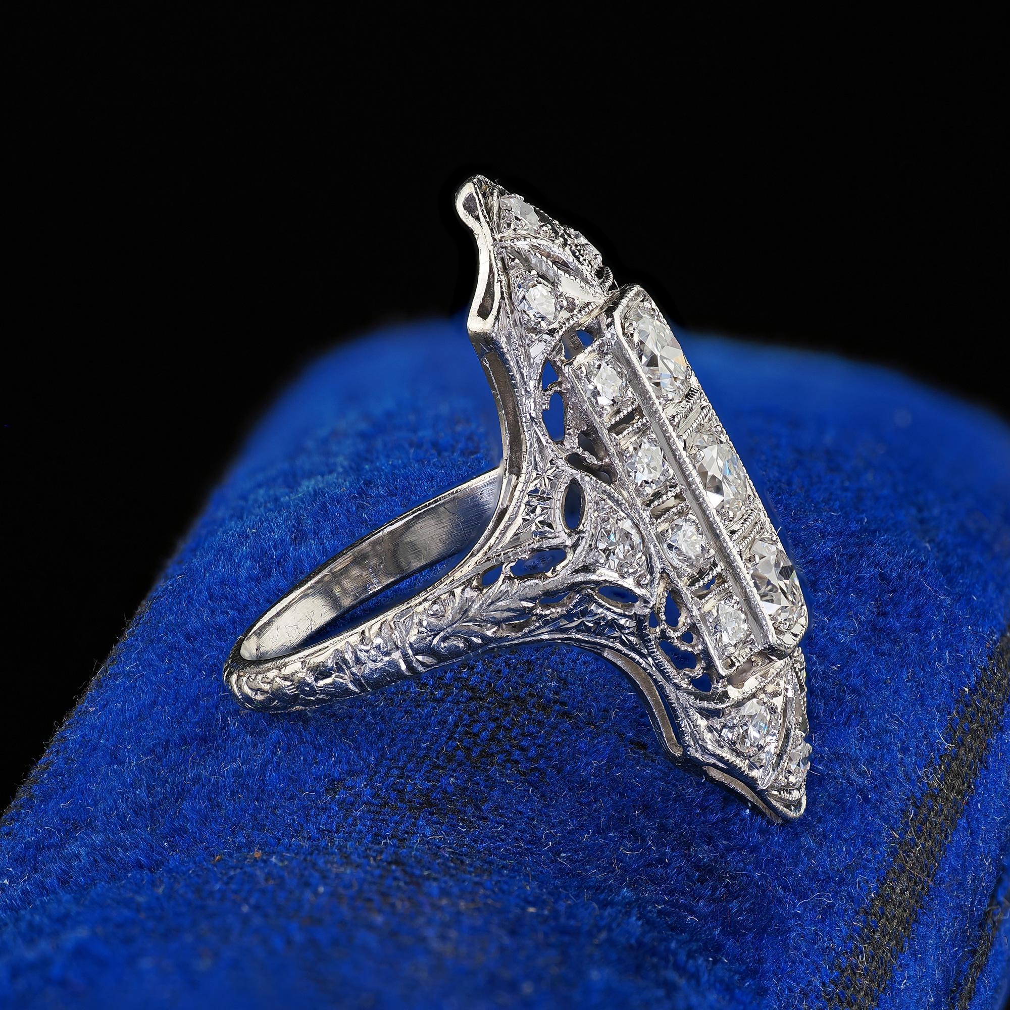 Antique Platinum Old European Cut Diamond Filigree Cocktail Shield Ring In Good Condition For Sale In Great Neck, NY